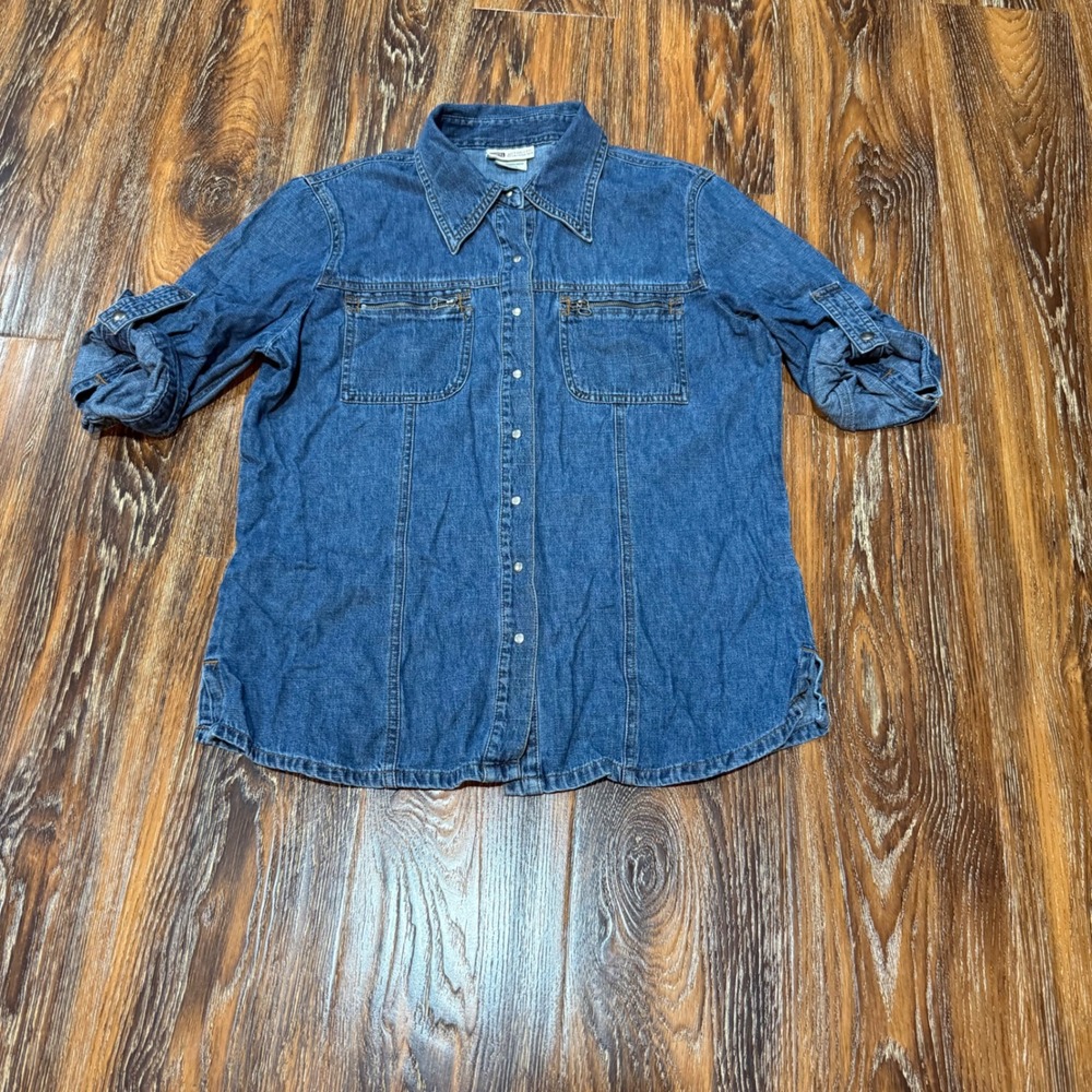 VTG Faded Glory L 12/14 Denim Button Down Shirt Womens Blue Snap Roll Tab Sleeve